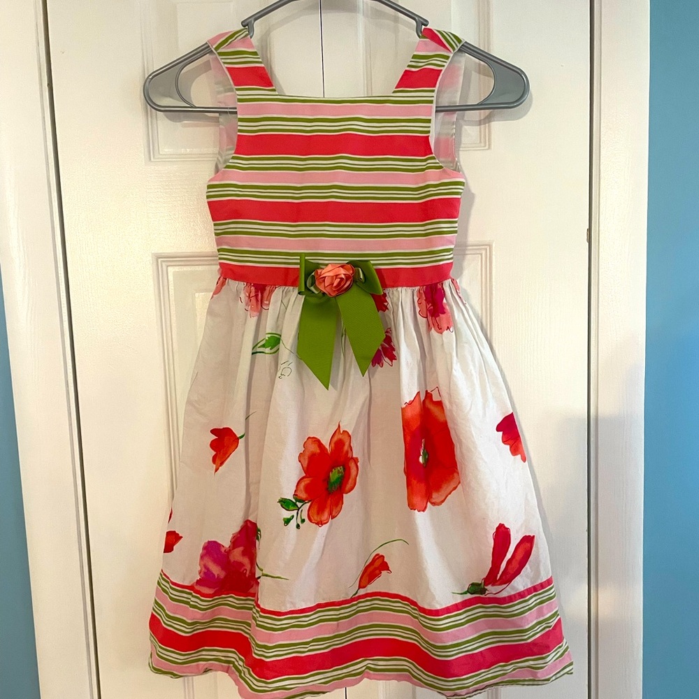 Dollie & Me Girls Size 7 Floral Stripe Fit & Flare Sleeveless Dress Rose Bow